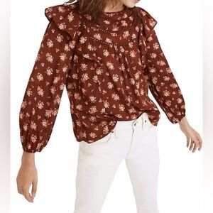 Madewell Ladder Trim Ruffle Shoulder Long Sleeve Peasant Blouse